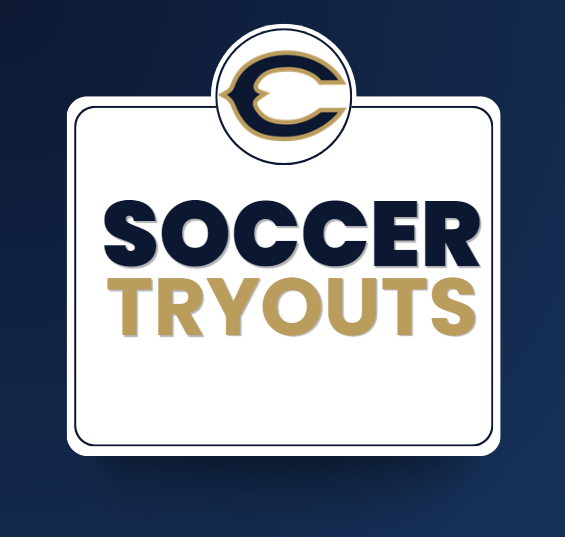 Graphic announcing soccer tryouts. The image features a dark blue background with a white sign bordered in navy blue and a school logo centered at the top. Large text on the sign reads “SOCCER TRYOUTS” in navy blue and gold letters.