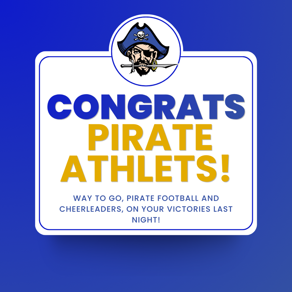 Picture saying Congratulations to the Pirate football team and cheerleaders on their victory last night with the pirate logo: He's wearing a blue pirate hat, an eye patch on his left eye, and sword in his teeth.