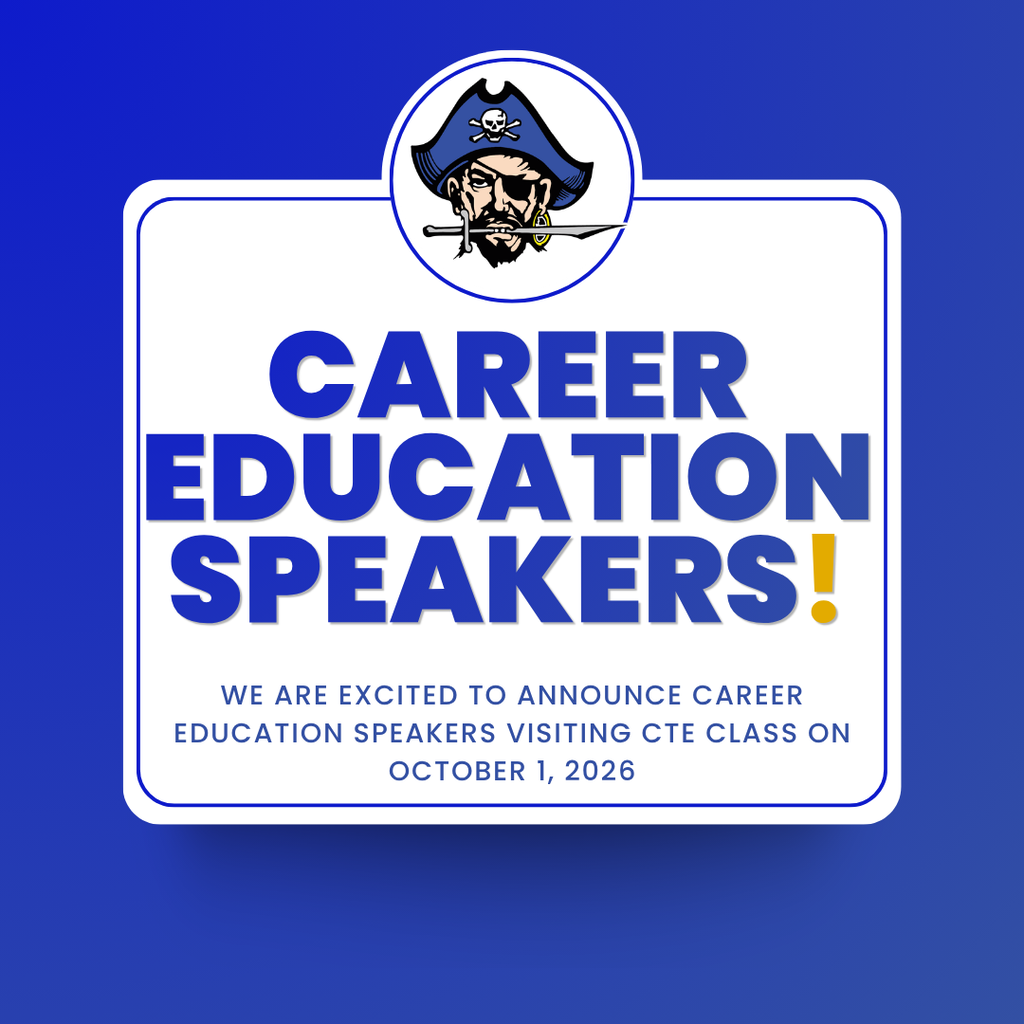 Flyer with pirate logo about career education speakers. The pirate has a blue pirate hat, an eye patch over his left eye, and a sword in his mouth.