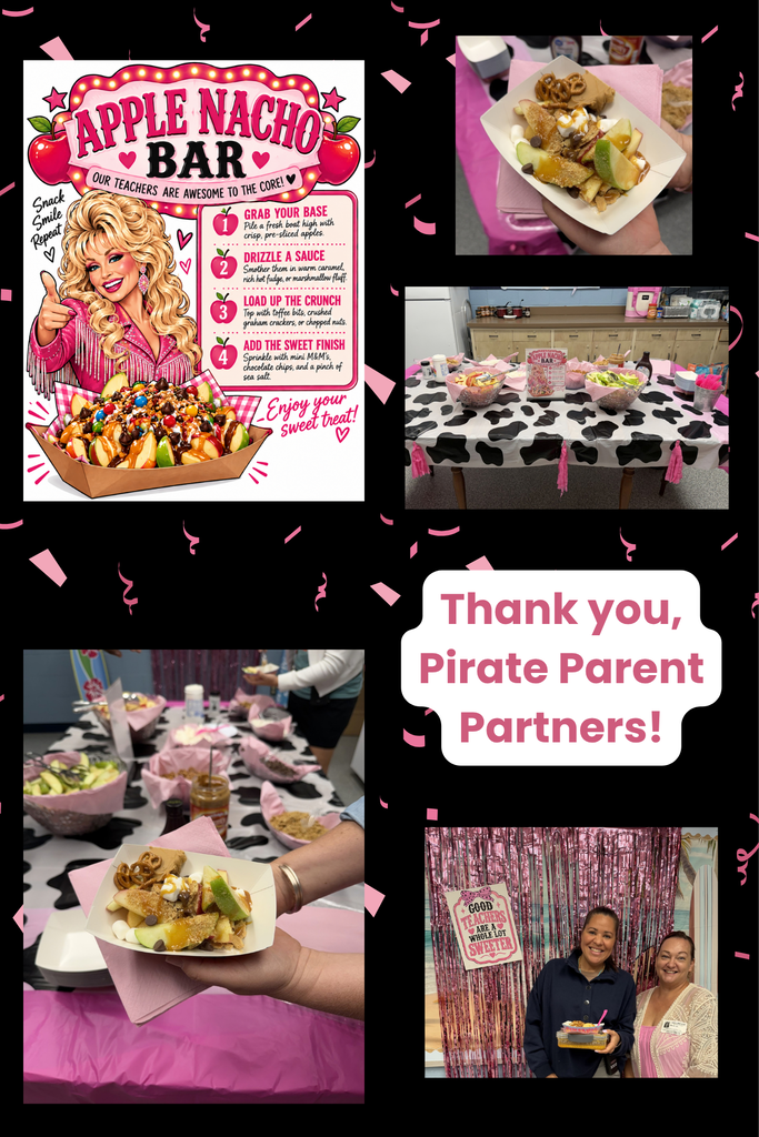 Pictures showing an Apple Bar with a Dolly Parton. A picture with a teacher and a parent partner smiling.
