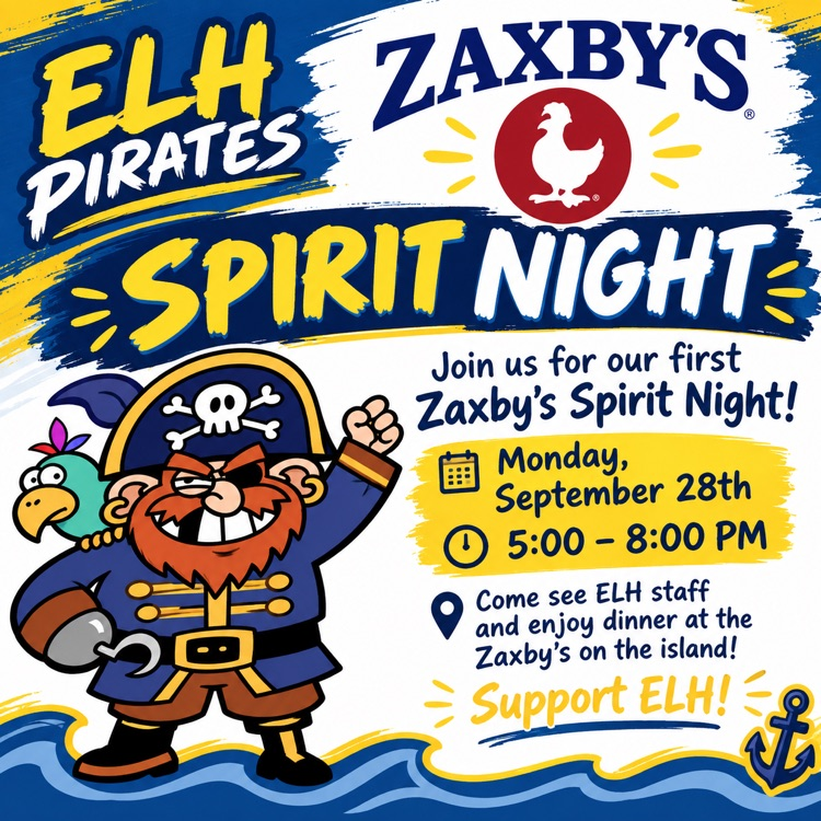 pirate themed image with blue and gold advertising the spirit night.  it includes Zaxby’s logo and gives day (9/28), time (5-8 PM) and location which is the Zaxby’s on the island  