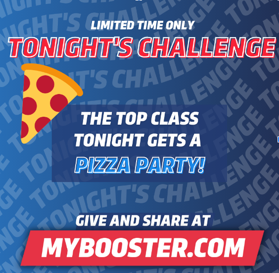 Have a spare minute? That’s all it takes to share our YPS Hornet Fun Run and help us reach our goal! 🎊Visit MyBooster.com to quickly share through email, text and on social media with just a click! 💻📱🙌 Tonight’s Challenge: the class with the most new pledges will get a pizza party! 