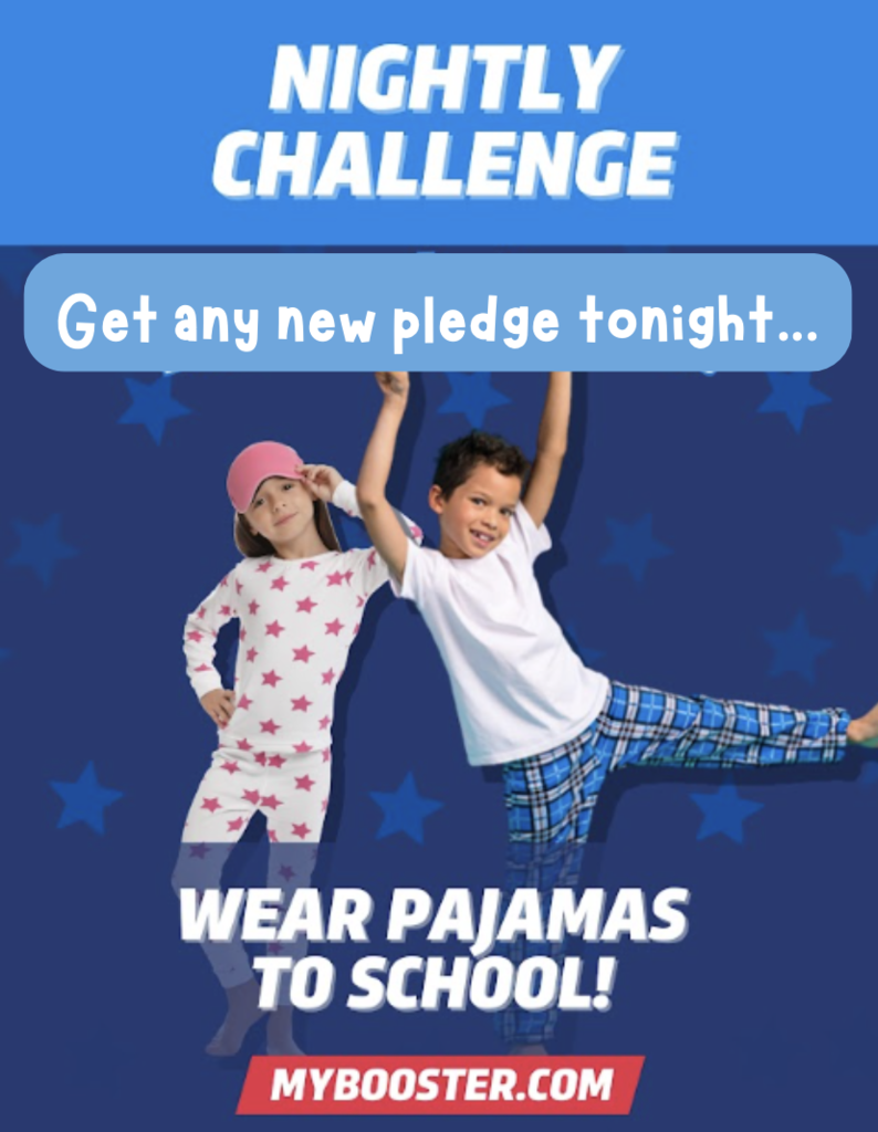🎉 Help our school reach the goal! Let’s see who can get a donation from someone who lives in another state tonight. If your student earned wolf ears, they can wear them to school tomorrow! Tonight’s Challenge: get ANY new pledge tonight and wear your pajamas to school tomorrow!