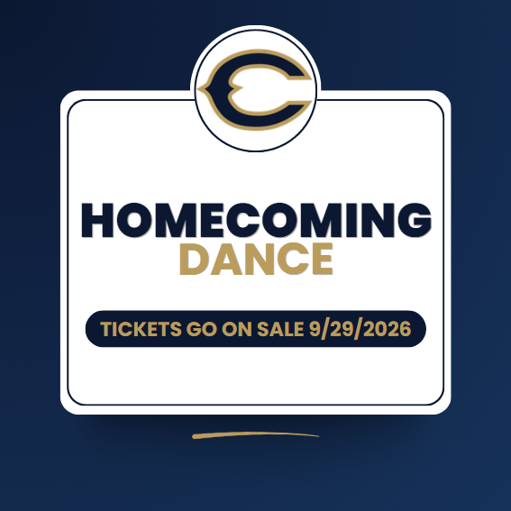 Graphic promoting the CMS Homecoming Dance. The design features a dark blue background with a white sign outlined in navy blue. At the top is the CMS logo in navy blue, gold, and white. Large text reads “Homecoming Dance,” with “Homecoming” in navy blue and “Dance” in gold. A banner near the bottom states, “Tickets go on sale 9/29/2026.” The graphic contains no other event details.