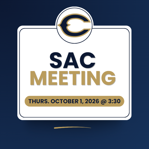 Graphic with a school logo at the top and the text: "SAC Meeting. Thursday, October 1, 2026, at 3:30."