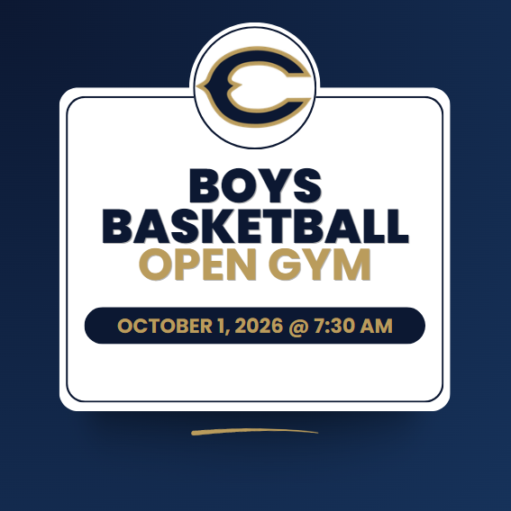 "Graphic with a dark blue background and a white sign featuring the Callahan Middle School logo at the top. Large text reads 'Boys Basketball Open Gym.' Additional text states 'October 1, 2026 @ 7:30 AM.' The graphic uses navy blue, white, and gold school colors."