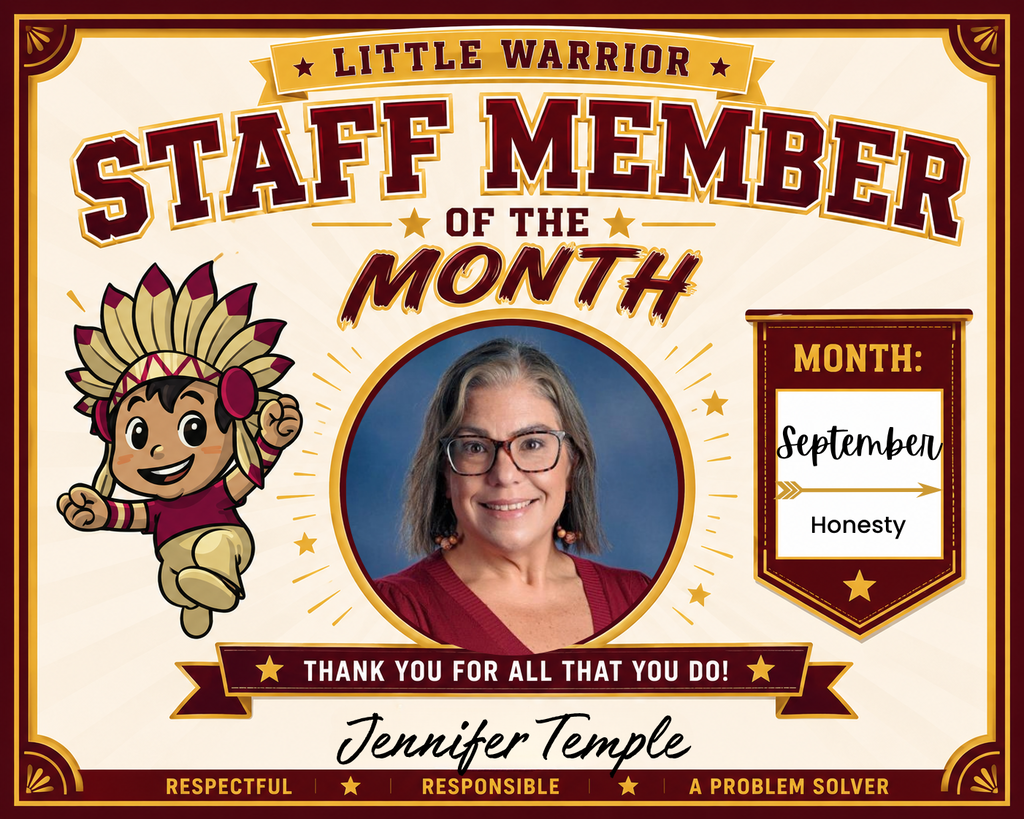 Certificate for Little Warrior Staff Member of the Month celebrating Ms. Temple for the month of September for Honesty.