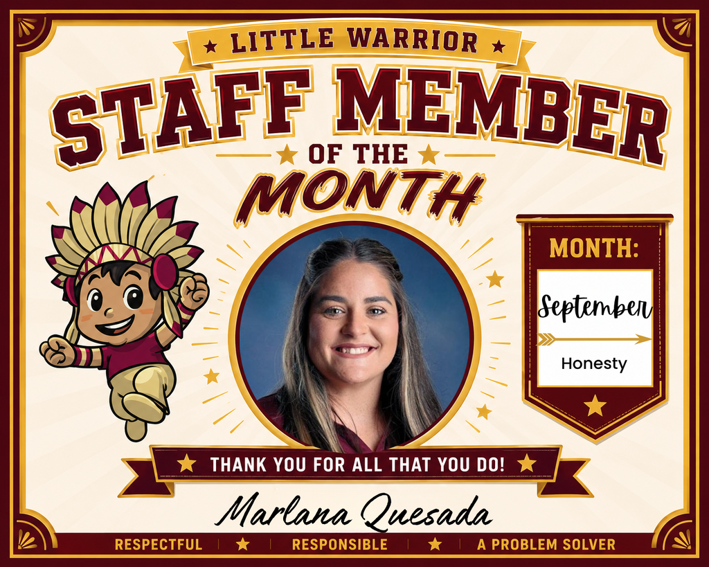 Certificate for Little Warrior Staff Member of the Month celebrating Ms. Quesada for the month of September for Honesty.