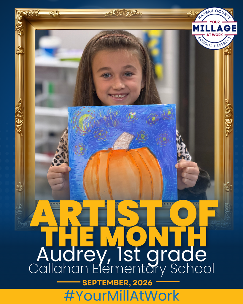 Artist of the Month for Callahan Elementary.  Student holding a pumpkin art piece.