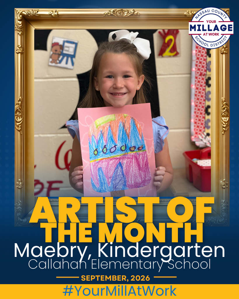 Artist of the Month for Callahan Elementary.  Student holding a popsicle art piece.