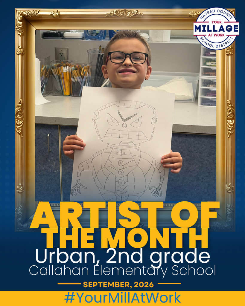 Artist of the Month for Callahan Elementary.  Student holding a robot art piece.