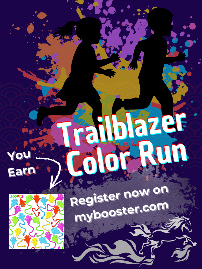 Colorful Trailblazer Color Run fundraiser graphic featuring silhouettes of children running through colorful splashes of paint. Large text reads “Trailblazer Color Run,” with a message to register at mybooster.com. The graphic includes a colorful handprint image and a white horse graphic, reinforcing Wildlight Elementary’s Trailblazer theme.