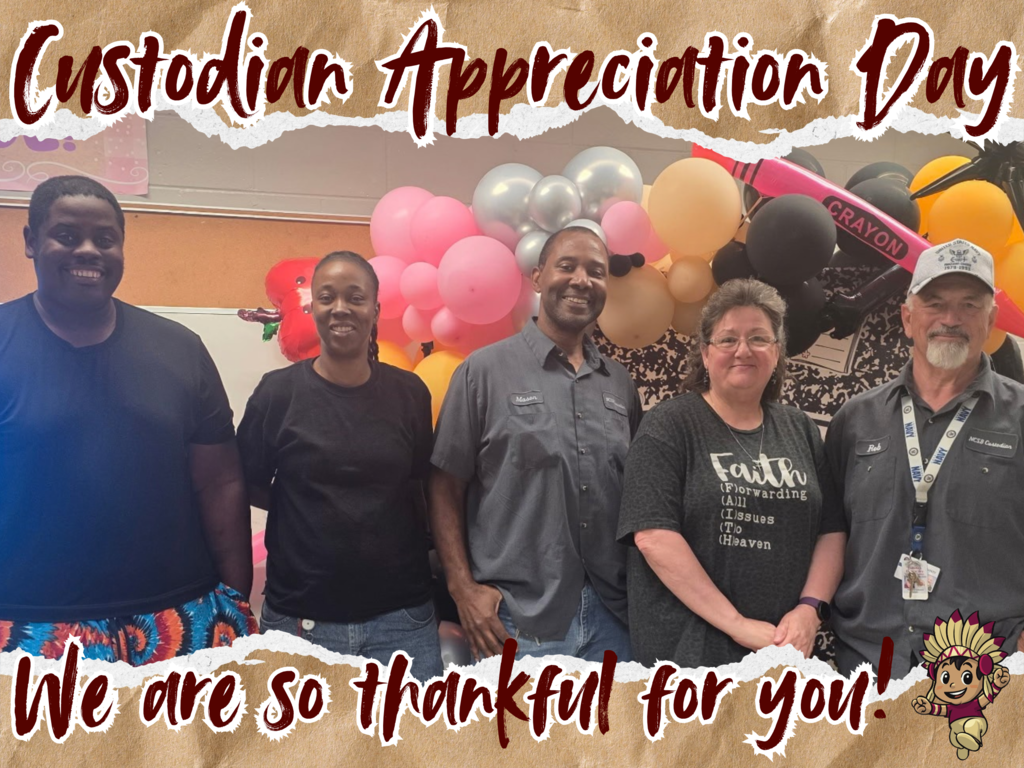 A Custodian Appreciation Day graphic featuring a group photo of five school custodians standing together and smiling in front of a colorful balloon display. The design uses garnet, gold, and kraft-paper textures with large text reading “Custodian Appreciation Day” at the top and “We are so thankful for you!” across the bottom, along with a Little Warrior mascot.