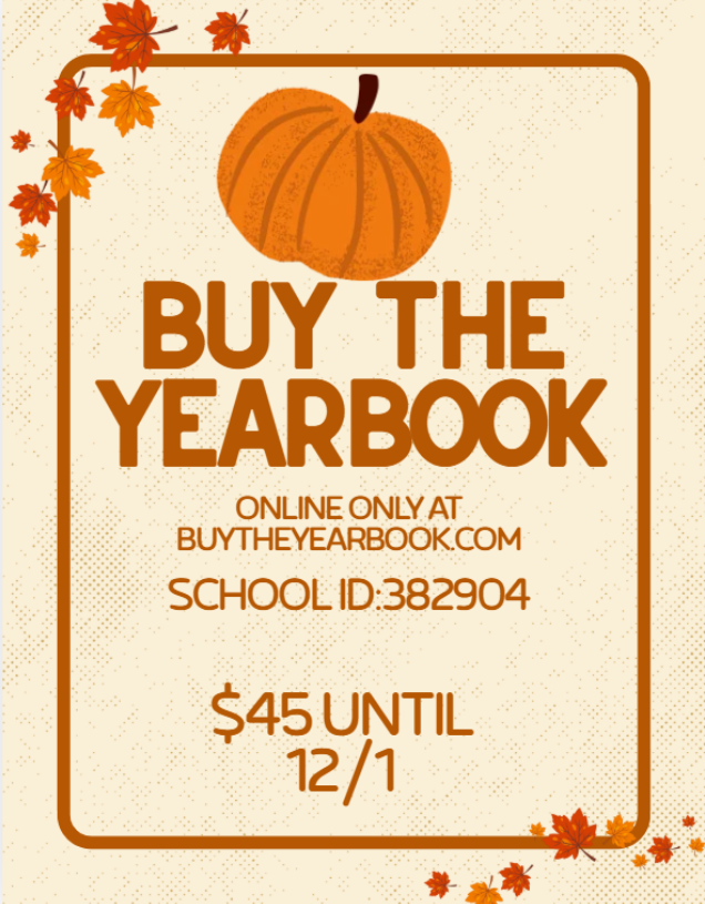 Fall-themed yearbook sales graphic with an orange pumpkin and autumn leaves decorating the corners. The graphic reads: “Buy the Yearbook. Online only at BuyTheYearbook.com. School ID: 382904. $45 until 12/1.” The design uses orange and brown colors on a light background with a decorative border.