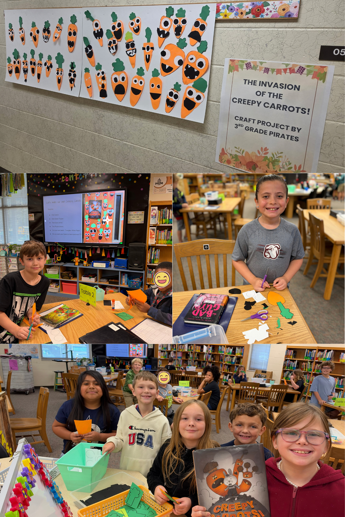 the picture collage has a top pic of student projects. The middle picture shows 3 boys working on creating their project.  The bottom picture shows a group of students smiling for the camera and holding up the book "Invasion of the Creepy Carrot"