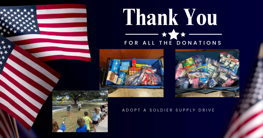 Patriotic “Thank You” graphic featuring American flags and photos of donated supplies and students participating in an Adopt a Soldier Supply Drive. The graphic thanks families and community members for their donations and includes the text, “Thank You for All the Donations” and “Adopt a Soldier Supply Drive.”