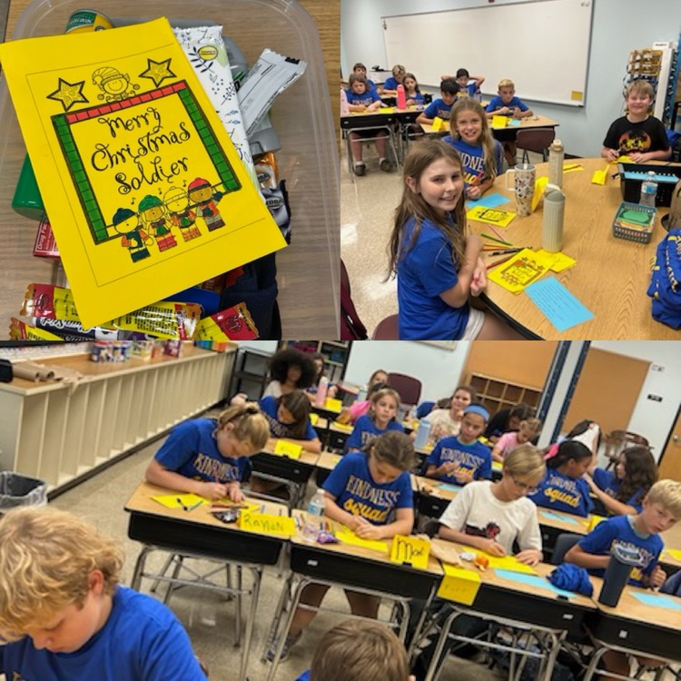 students wearing blue shirts with Kindness club working on cards. a Pictor of a card and goodies  