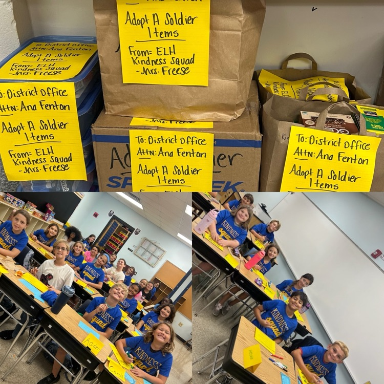 4 boxes of items for soldiers.  picture of students working on creating cards for stories  