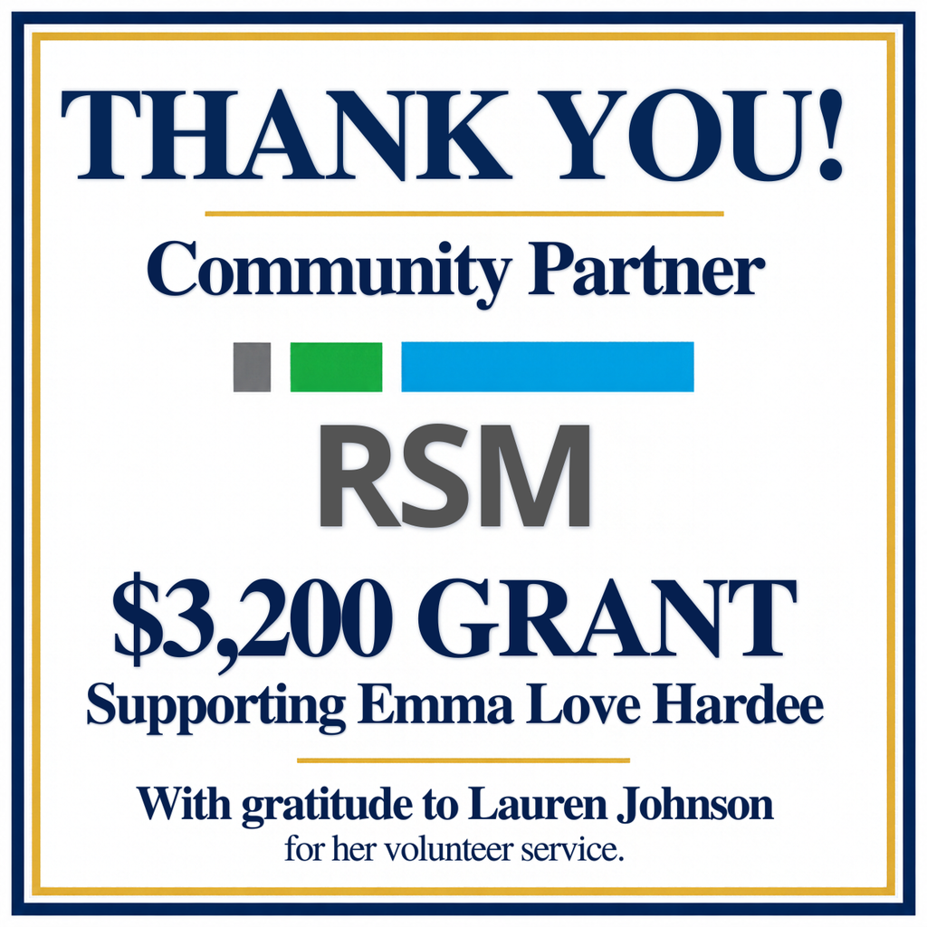 Visual with RSM logo and a thank to for the $3,200 grant and gratitude to Lauren Johnson for her volunteer service.