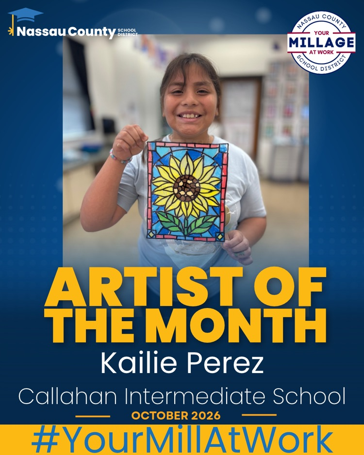 A student is holding her art piece she made. she is the artist of the month for October for CIS.