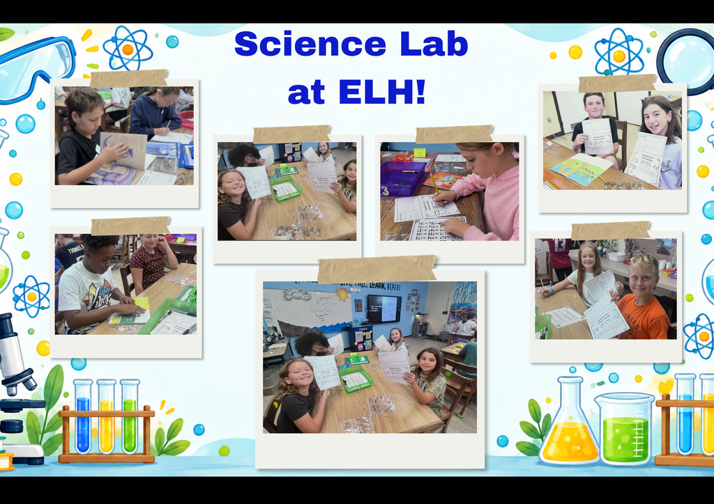A decorative background with Science tools and images.  7 photographs that show students reading books  that have braille, utilizing a sheet of paper that has the alphabet in braille and students working together. 