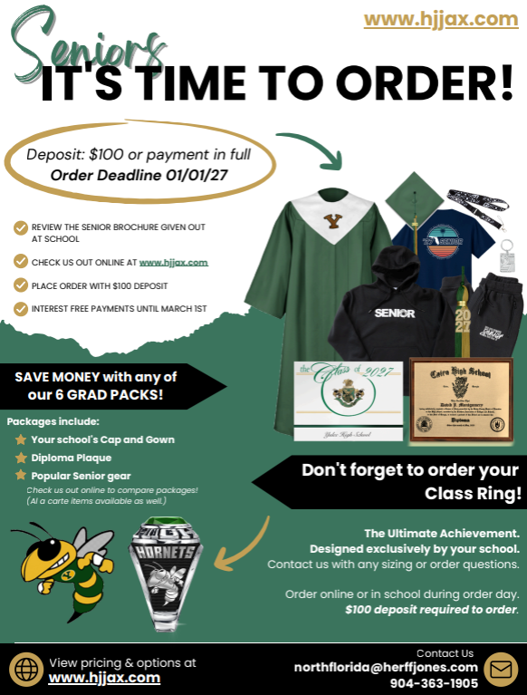 Senior graduation announcement reminding Yulee High School seniors to order their cap and gown and graduation items. Orders require a $100 deposit or payment in full and are due by January 1, 2027. Senior packages include a cap and gown, diploma plaque, and senior gear. Interest-free payments are available through March 1, 2027. Orders can be placed online at www.hjjax.com or at school during the scheduled order day. Contact Herff Jones at 904-363-1905 or northflorida@herffjones.com with questions.