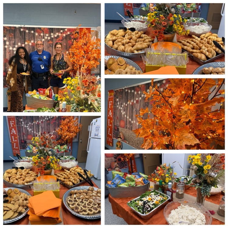 picture shows staff enjoying a lunch as well as pictures of a table filed with chicken salad, salad, rolls, treats and chips.  the tables decorated in fall colors  