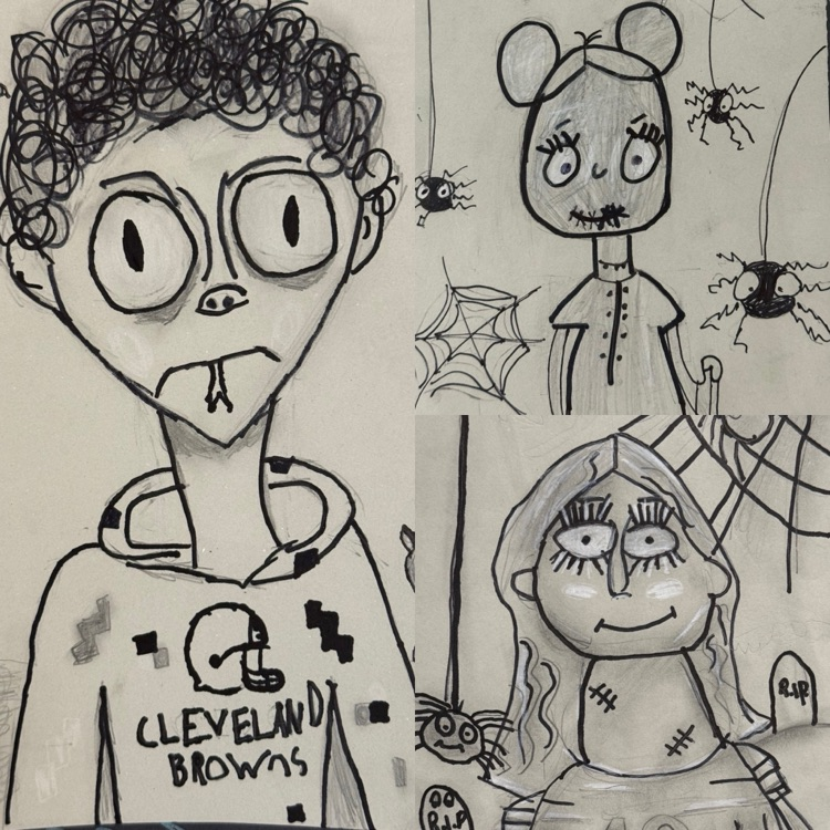 student portraits with spooky elements such as a boy having a snake tongue