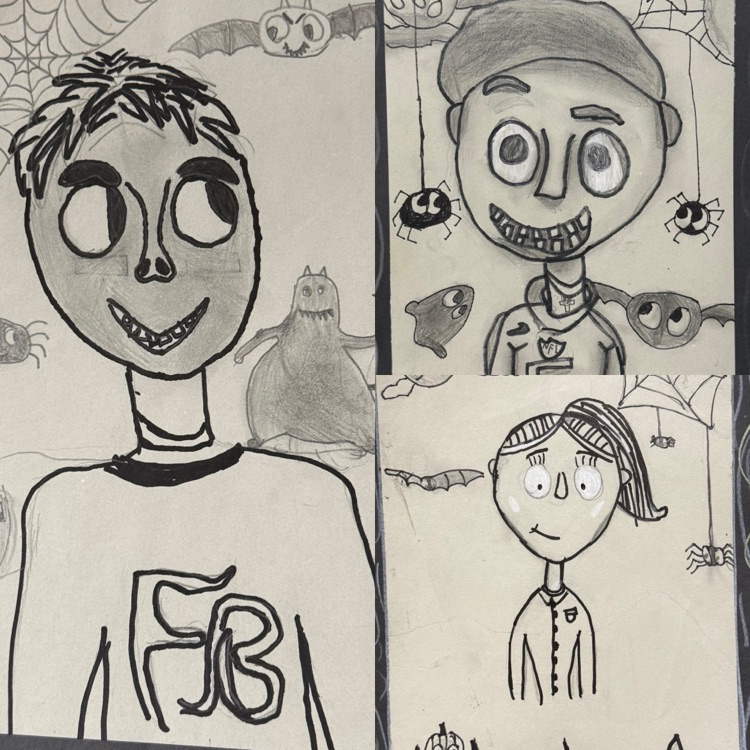 3 student spooky portraits using blending and shading to give it a dark theme