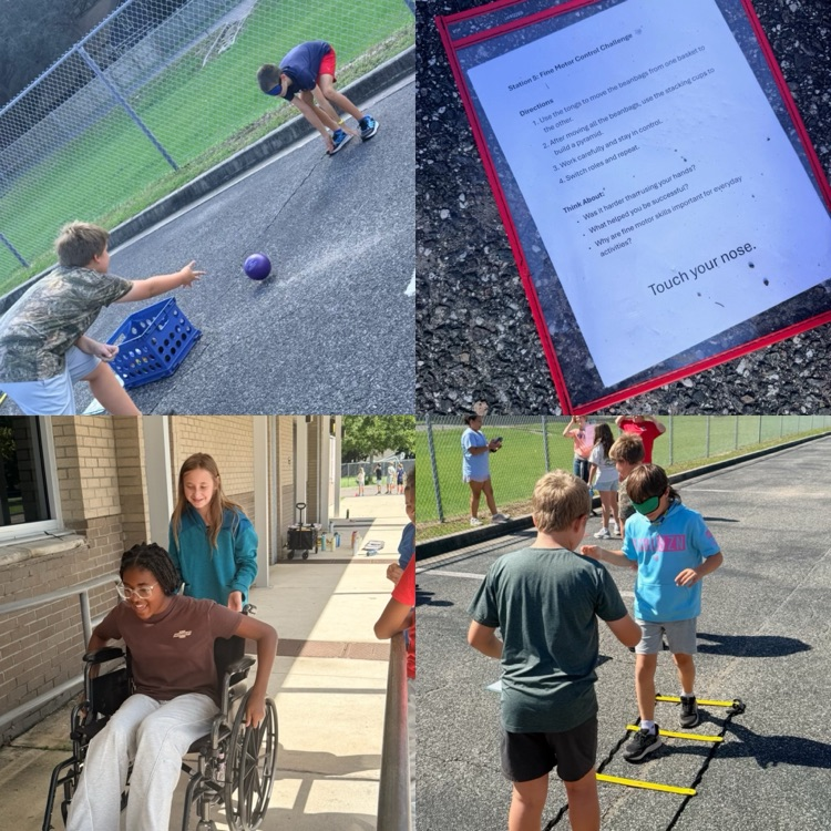 a picture of students participating in disability awareness activities such as using a wheelchair, completing a ladder excessive while being blindfolded, rolling a ball to a peer while being blinded folder and example directions to one activity. 