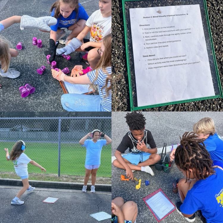 activities include 2 peers trying to work together while one has noise cancelling headphones, a group of students working to pick up object with a simulated prosthetic, trying to pick up items with oven mitts and directions to another activity. 