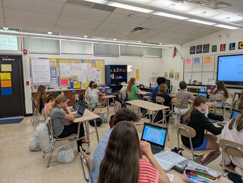 Student working on their computers in a standard classroom setting.