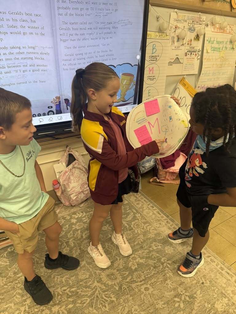 Three second graders discuss a circular story organizer with drawings and sticky notes as part of their group reading activity.