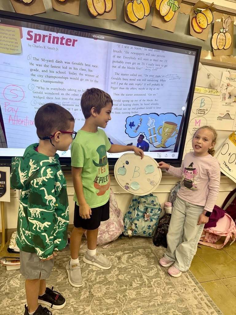 Three students present a circular story structure organizer in front of an interactive classroom display showing the reading selection.