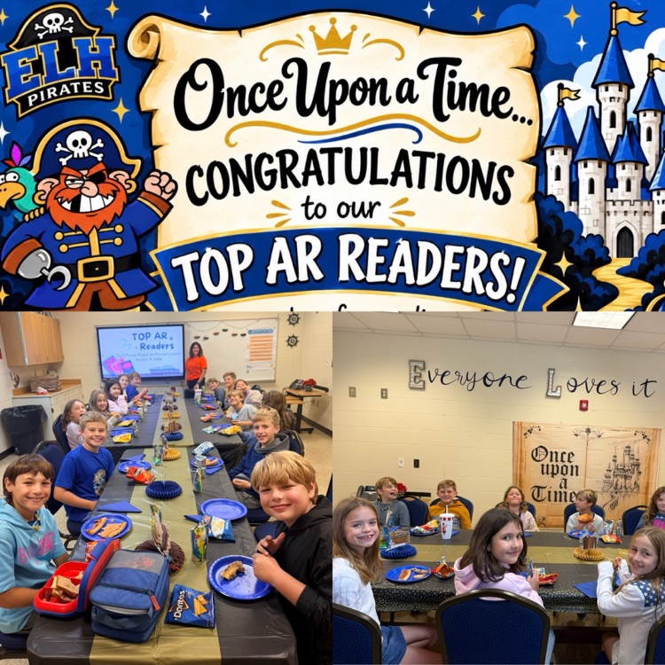 top picture says congratulations and had pirate decor.  the bottom pictures show students smiling and enjoying lunch