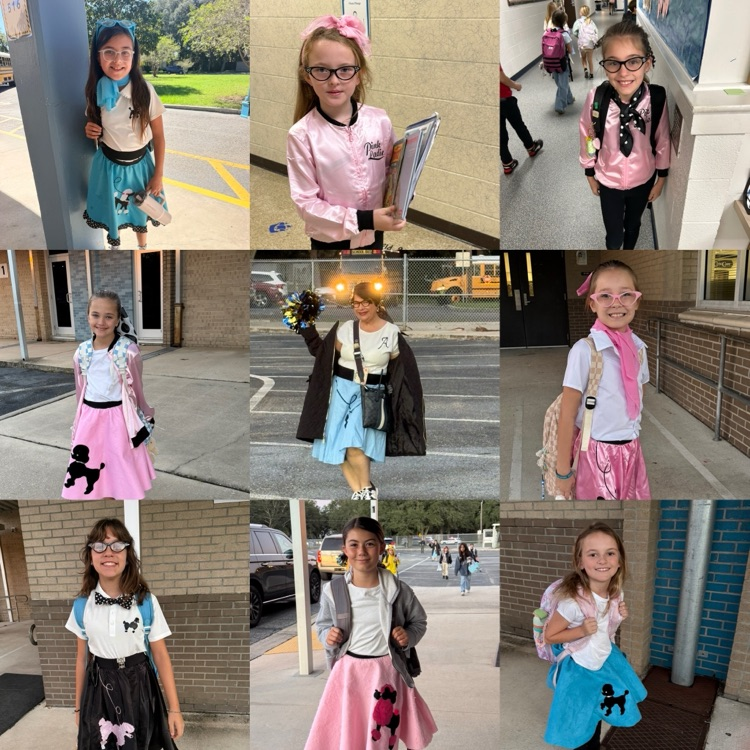 pictures of students and staff dressed in 50s poodle skirts to celebrate 50 days of learning  
