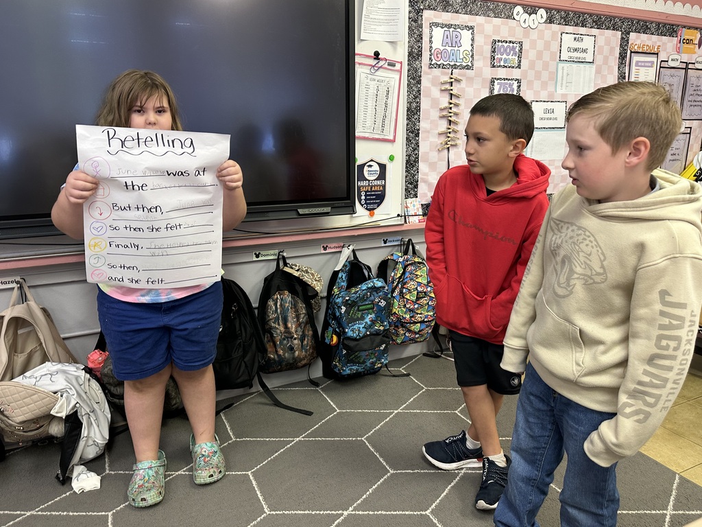 students working together to present their retelling chart