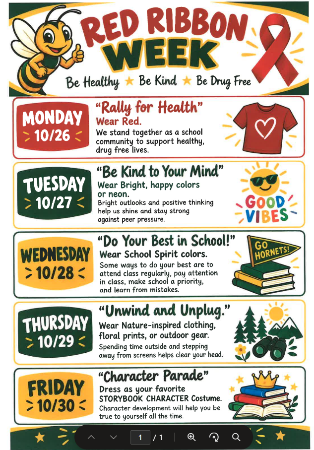Red Ribbon Week dress-up schedule for October 26–30 at Yulee Primary School. The flyer features a hornet mascot and red ribbon with the theme “Be Healthy, Be Kind, Be Drug Free.” Monday: Wear red for “Rally for Health.” Tuesday: Wear bright colors or neon for “Be Kind to Your Mind.” Wednesday: Wear school spirit colors for “Do Your Best in School!” Thursday: Wear nature-inspired clothing, floral prints, or outdoor gear for “Unwind and Unplug.” Friday: Dress as your favorite storybook character for the “Character Parade.” The flyer uses green, gold, and red with colorful illustrations representing each day's theme.