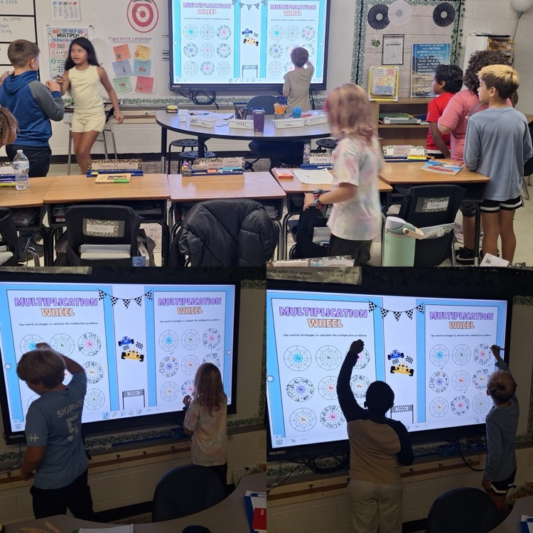 top picture shows a relay race where two teams are participating in a relay race to complete multiplication wheels. the 2 bottom pictures show 2 students facing the smart panel working on a multiplication wheel  