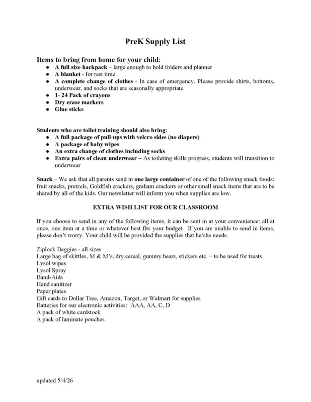 PreK Supply List