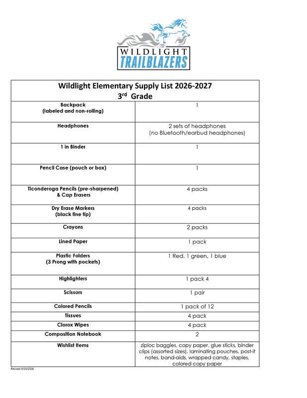 3rd grade supply list