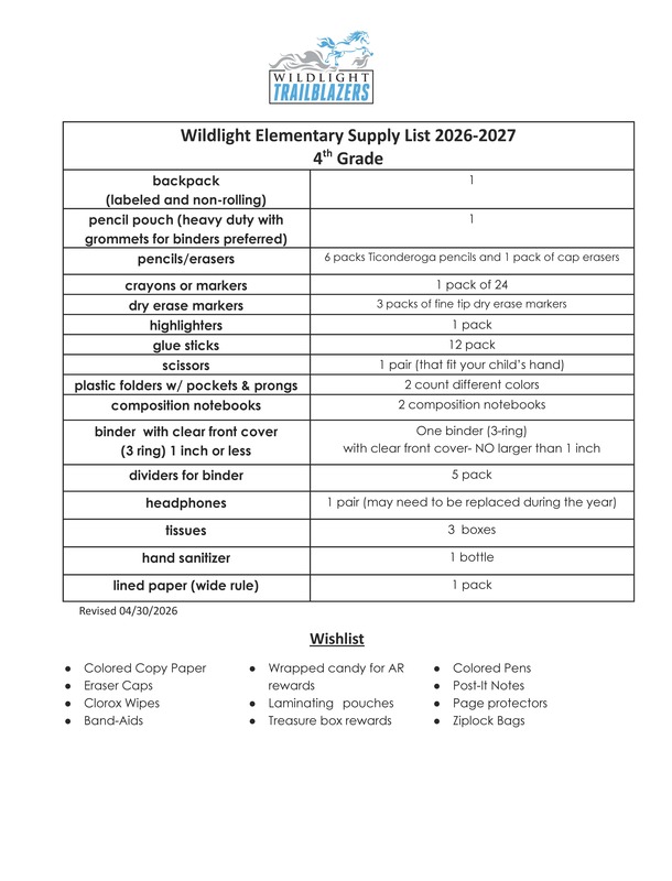 4th grade supply list