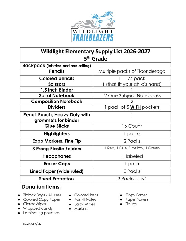 5th grade supply list