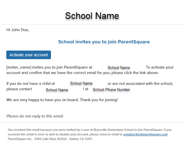 Parent Square Sample Email