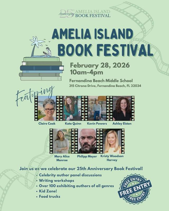 Flyer for the Amelia Island Book Festival promoting a STEM session with author Jennifer Swanson on February 28 at Fernandina Beach Middle School, featuring her photo and a book cover.”