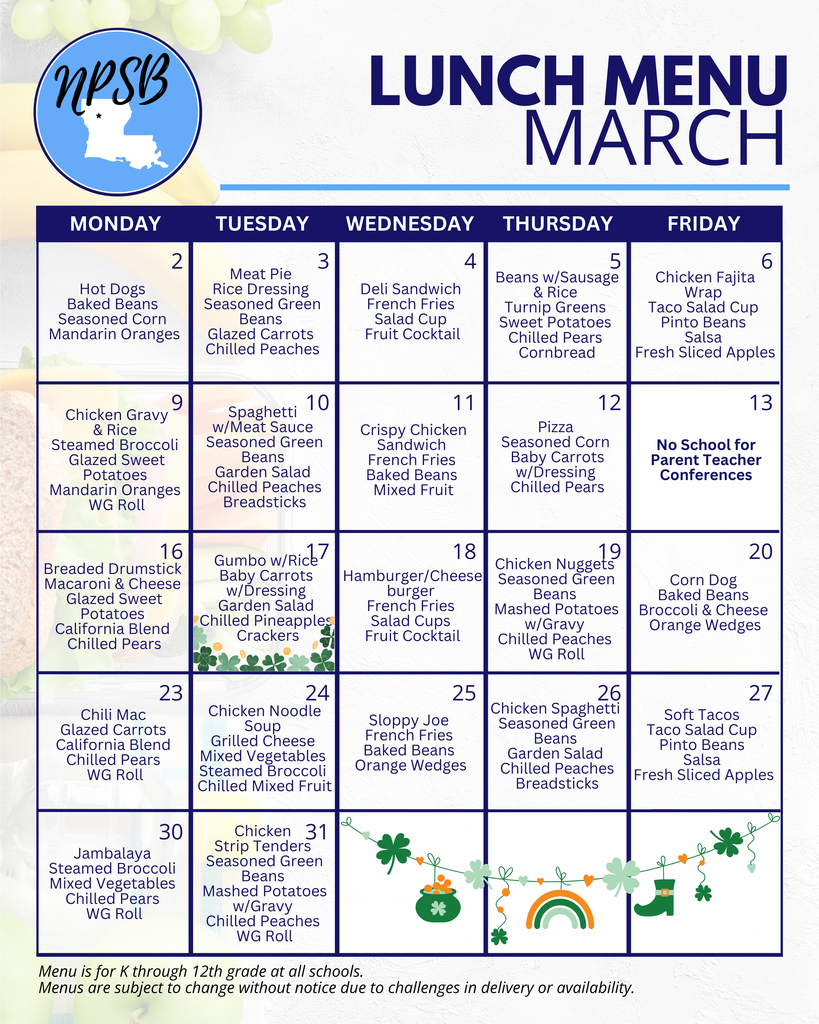 lunch menu march 2026