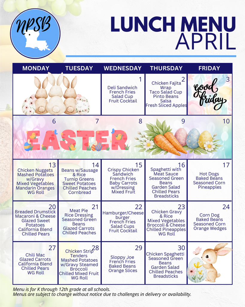 April 2026 lunch menu