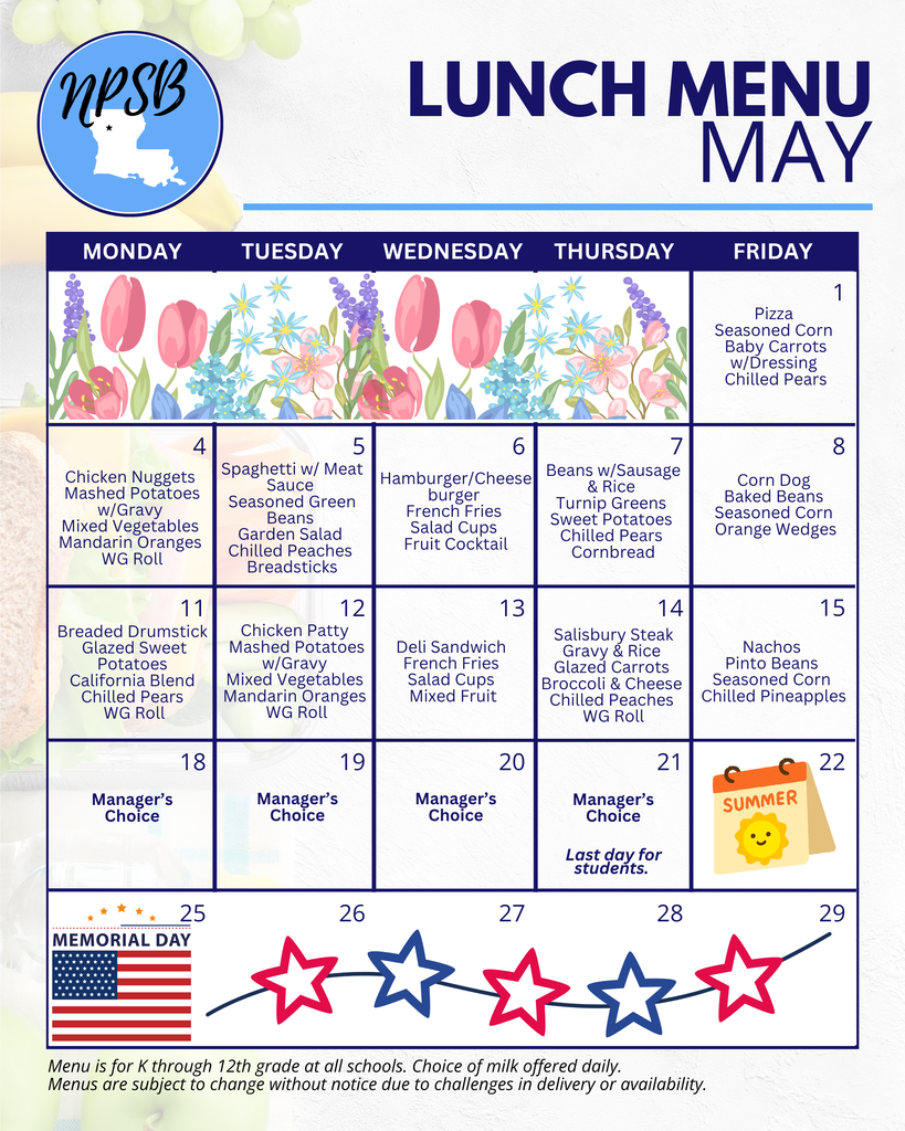 may 2026 lunch menu