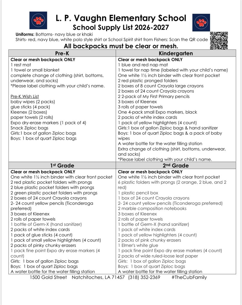 2026-2027 L. P. Vaughn School Supply List