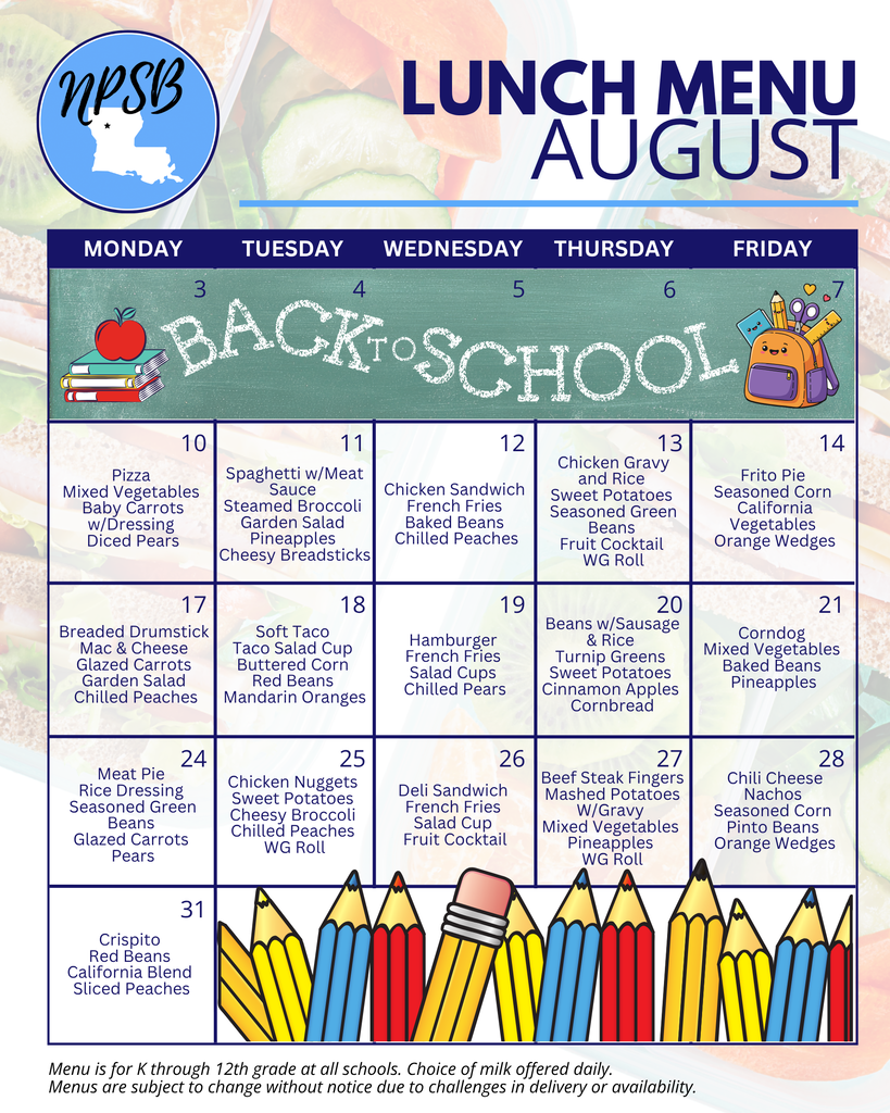 lunch august 2026 dining menu